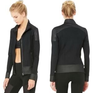 Alo Yoga Black Full Zip Jacket Glossy Trim Moto Style‎ Activewear Women’s Small